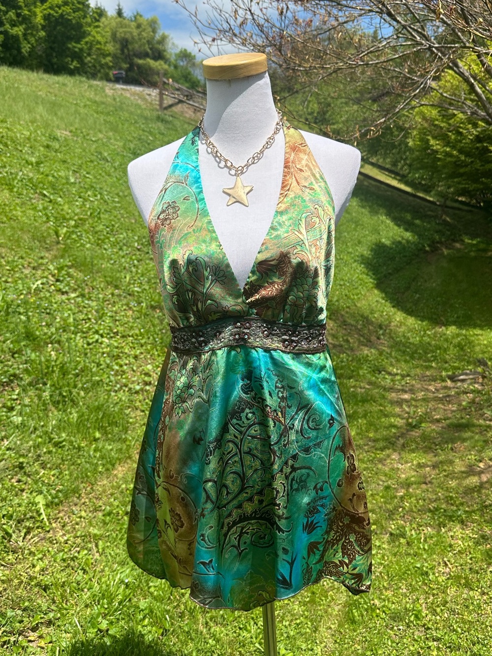 Vintage Y2K Satin Beaded Halter Tank Top